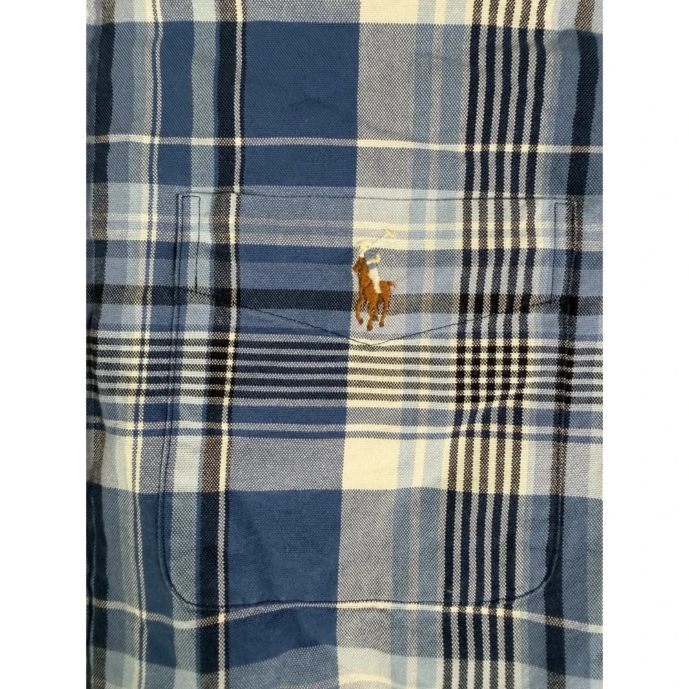 Polo Ralph Lauren Shirt Mens Medium Blue Plaid Oxford Flesh Pony Button Up